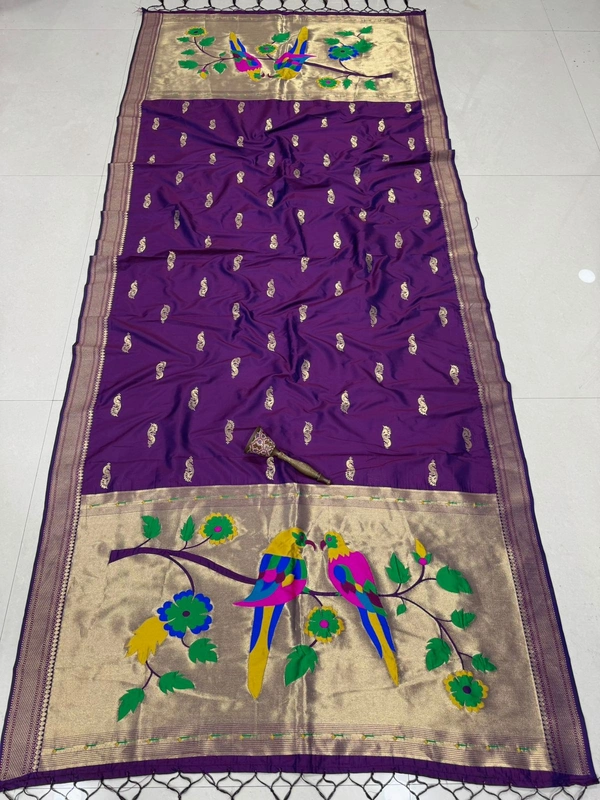 Gorgeous Deep Purple Soft Silk Paithani Dupatta with Authentic Meenakari Weaving Popat - 2.5mt, Deep Purple