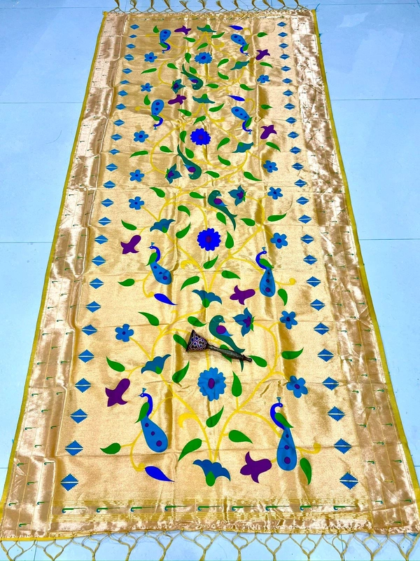 Gorgeous Mustard Yellow Paithani Silk Dupatta with Royal Blue Peacock & Parrot Border - 2.5mt, M.YELLOW