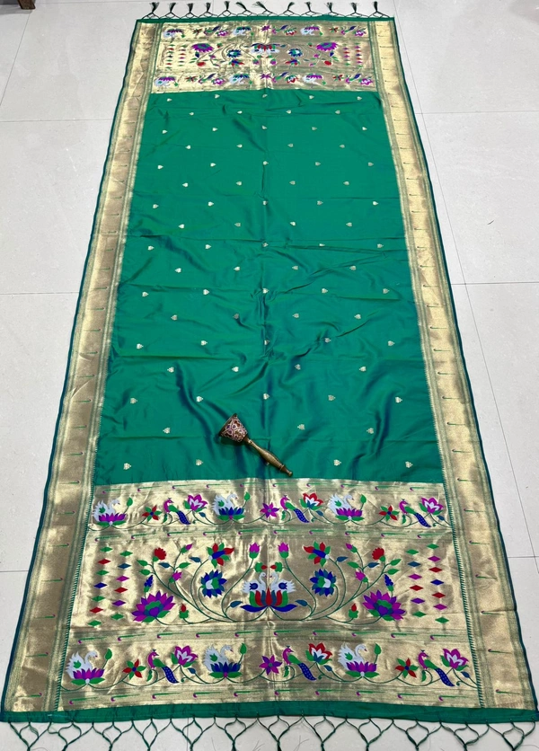 Gorgeous Rama Green Soft Silk Yeola Paithani Dupatta with Heavy Zari Work and Pretty Lotus Pallu. - 2.5mt, Rama Green