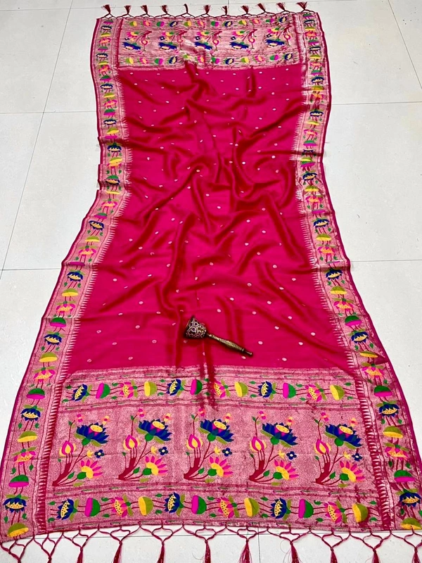 Gorgeous Rani Pink Dupatta Silk Saree with Traditional Peacock-Lotus Zari Pallu - 2.5mt, Rani