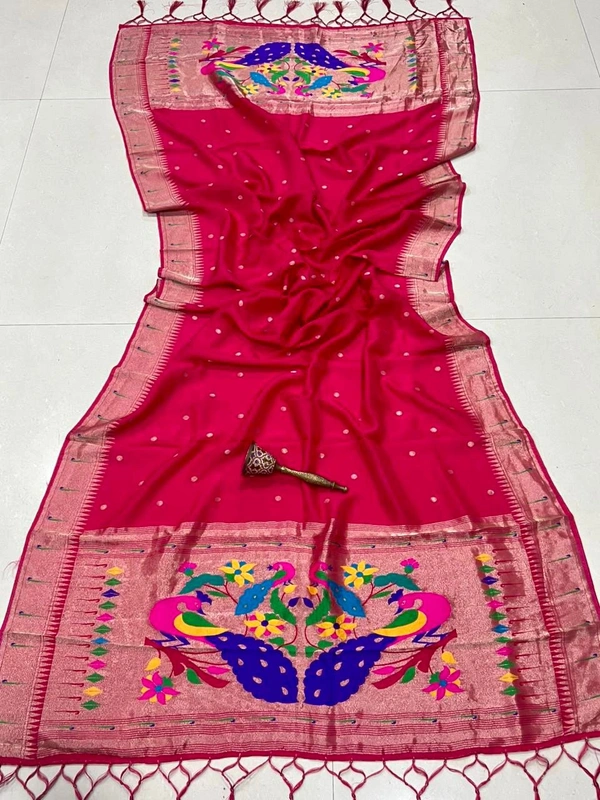 Gorgeous Rani Pink Viscose Silk Dupatta with Traditional Paithani Inspired Peacock Zari - 2.5mt, Rani Pink