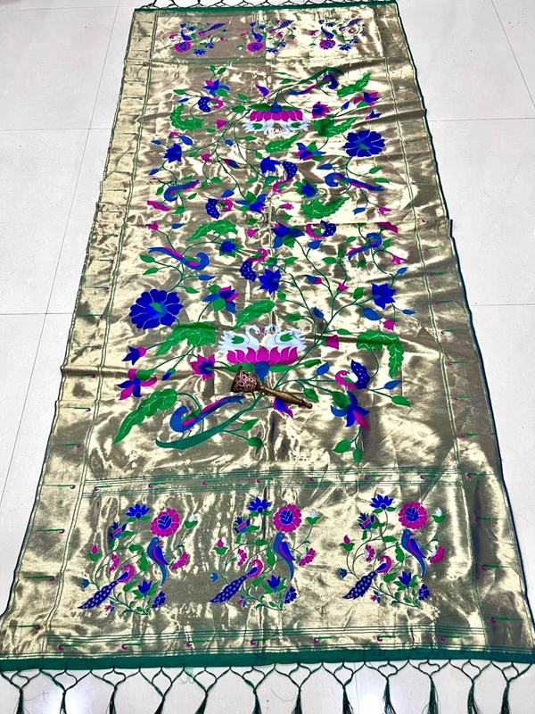 Gorgeous Sea Green Soft Silk Paithani Dupatta with Royal Tissue Border and Peacock Motifs - 2.5mt, Sea Green