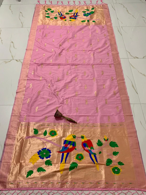 Graceful Baby Pink Soft Silk Paithani Dupatta with Classic Handloom Style Zari Border. - 2.5mt, Baby Pink