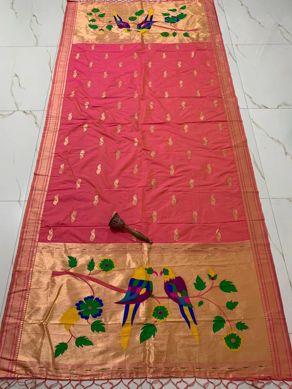 Graceful Peach Pink Soft Silk Paithani Dupatta with Shandaar Zari Border and Popat - 2.5mt, Peach Pink