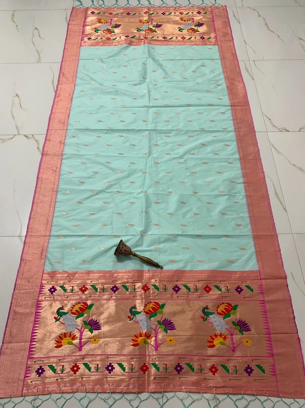 Graceful Sky Blue Soft Silk Paithani Dupatta with Royal Gold Zari Border - 2.5mt, Sky Blue