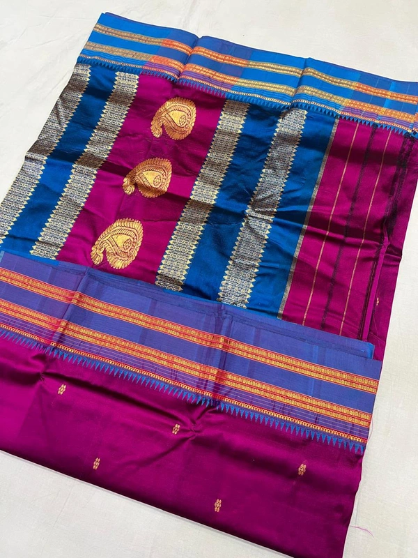Handcrafted Narayanpeth Silk Saree with Woven Mango Motifs - Free, Dark Wine Purple