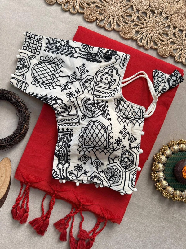 PAITHANI_HOUSE11 Handloom Khadi Cotton Black Saree with  Pom Pom Tassels and Adjustable Size 38-42 Blouse -CF- 197 - FREE, RED