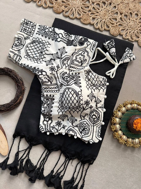 PAITHANI_HOUSE11 Handloom Khadi Cotton Black Saree with  Pom Pom Tassels and Adjustable Size 38-42 Blouse -CF- 197 - FREE, BLACK