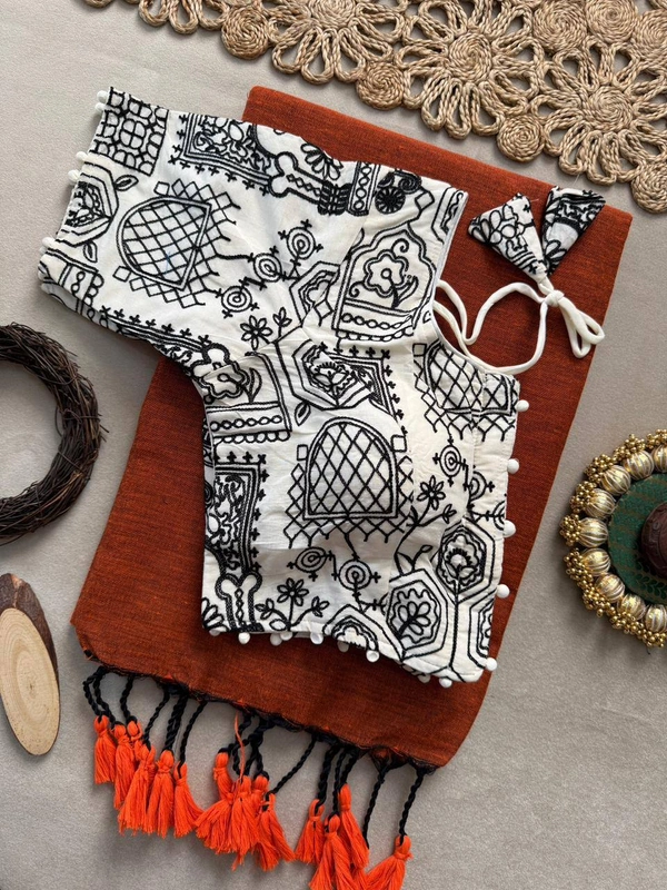 PAITHANI_HOUSE11 Handloom Khadi Cotton Black Saree with  Pom Pom Tassels and Adjustable Size 38-42 Blouse -CF- 197 - FREE, GOLDEN YELLOW