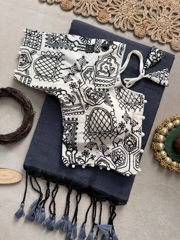 PAITHANI_HOUSE11 Handloom Khadi Cotton Black Saree with  Pom Pom Tassels and Adjustable Size 38-42 Blouse -CF- 197 - FREE, GREY