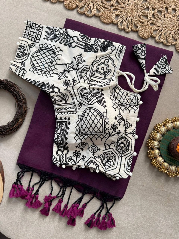 PAITHANI_HOUSE11 Handloom Khadi Cotton Black Saree with  Pom Pom Tassels and Adjustable Size 38-42 Blouse -CF- 197 - FREE, WINE