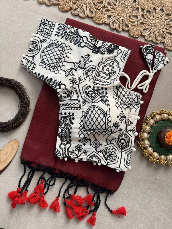 PAITHANI_HOUSE11 Handloom Khadi Cotton Black Saree with  Pom Pom Tassels and Adjustable Size 38-42 Blouse -CF- 197 - FREE, MAROON