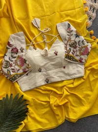 Handloom Khadi Cotton Saree with Heavy Embroidery Padded Blouse | Pure Cotton Ethnic Wear for Women CF-202 - FREE, YELLOW