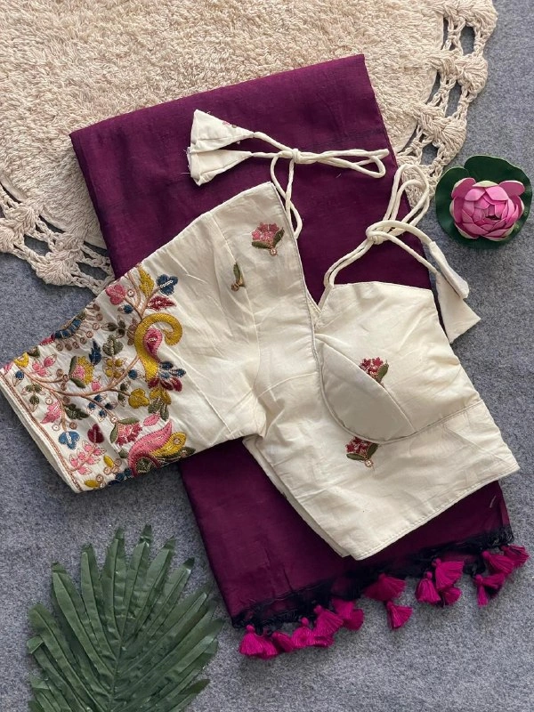 Handloom Khadi Cotton Saree with Heavy Embroidery Padded Blouse | Pure Cotton Ethnic Wear for Women CF-202