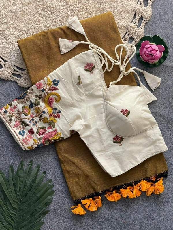 Handloom Khadi Cotton Saree with Heavy Embroidery Padded Blouse | Pure Cotton Ethnic Wear for Women CF-202