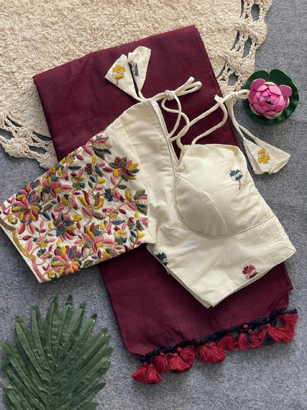 Handloom Khadi Cotton Saree with Heavy Embroidery Padded Blouse | Pure Cotton Ethnic Wear for Women CF-202