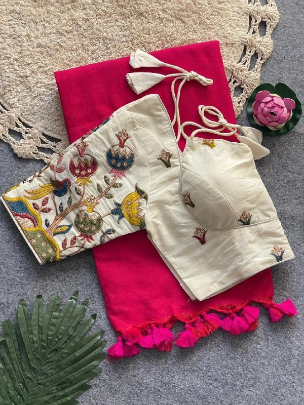 Handloom Khadi Cotton Saree with Heavy Embroidery Padded Blouse | Pure Cotton Ethnic Wear for Women CF-202