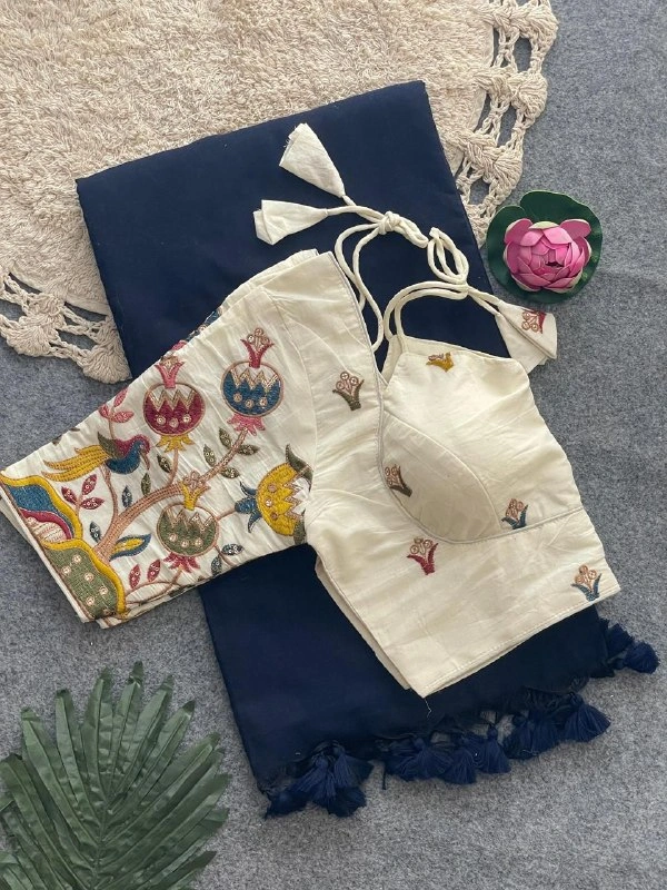 Handloom Khadi Cotton Saree with Heavy Embroidery Padded Blouse | Pure Cotton Ethnic Wear for Women CF-202