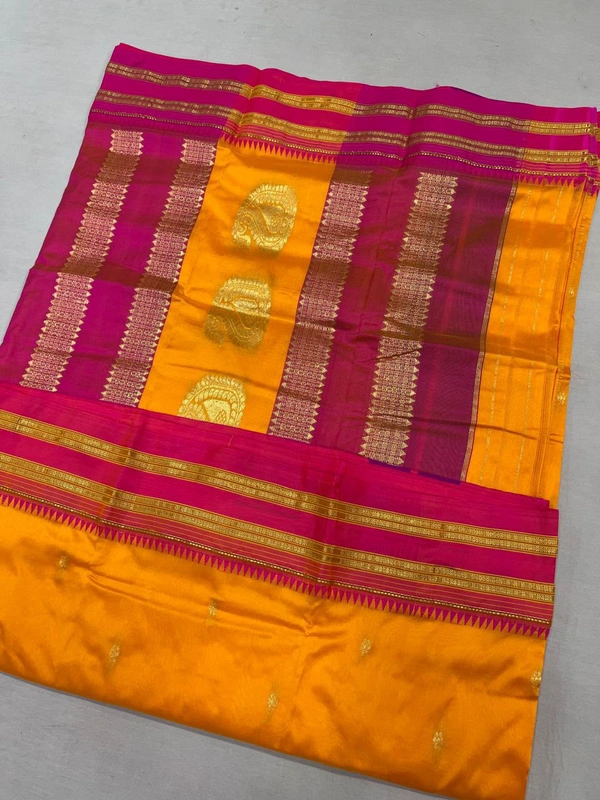 Handloom Narayanpeth Saree featuring Classic Self-Design Zari Lines - Free, Mango Yellow