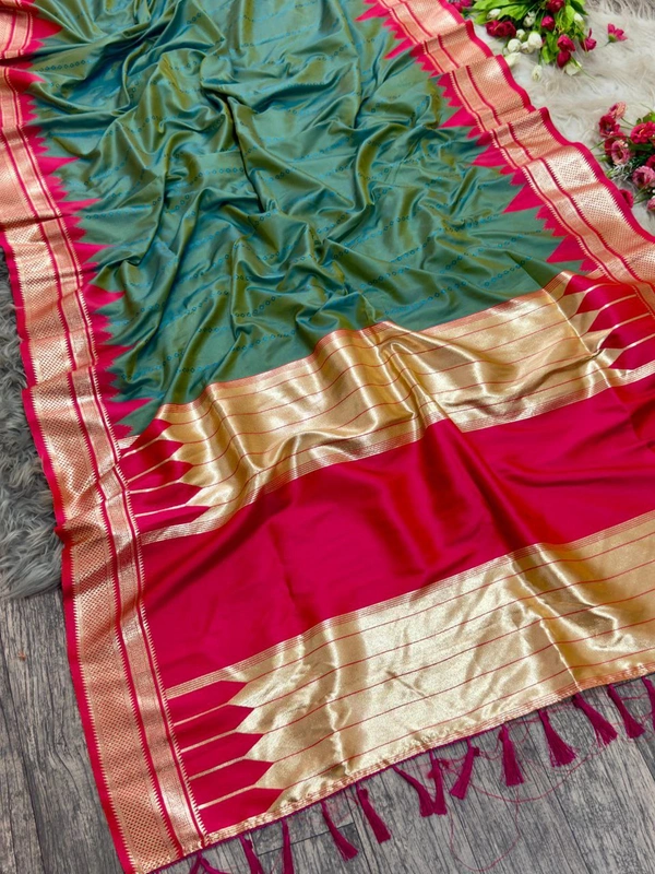 PAITHANI_HOUSE12 "Ikkat Banarasi Silk Saree | Self Weave Body & Temple Border | Shimmering Gold Zari" - FREE, Sage Green