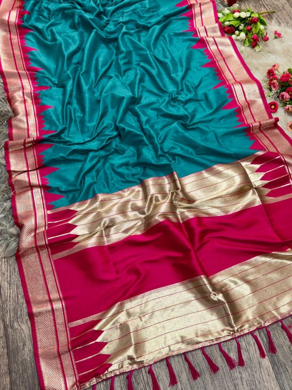 PAITHANI_HOUSE13 "Ikkat Banarasi Silk Saree | Self Weave Body & Temple Border | Shimmering Gold Zari" - FREE, Blueish Green