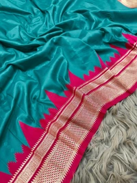 PAITHANI_HOUSE13 "Ikkat Banarasi Silk Saree | Self Weave Body & Temple Border | Shimmering Gold Zari" - FREE, Blueish Green