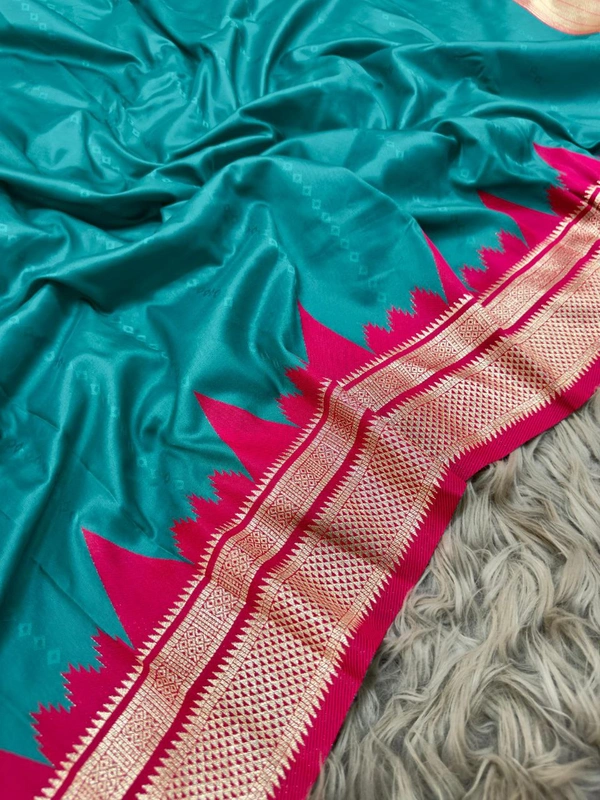 PAITHANI_HOUSE13 "Ikkat Banarasi Silk Saree | Self Weave Body & Temple Border | Shimmering Gold Zari" - FREE, Blueish Green