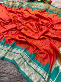 PAITHANI_HOUSE14 "Ikkat Banarasi Silk Saree | Self Weave Body & Temple Border | Shimmering Gold Zari" - FREE, Orange