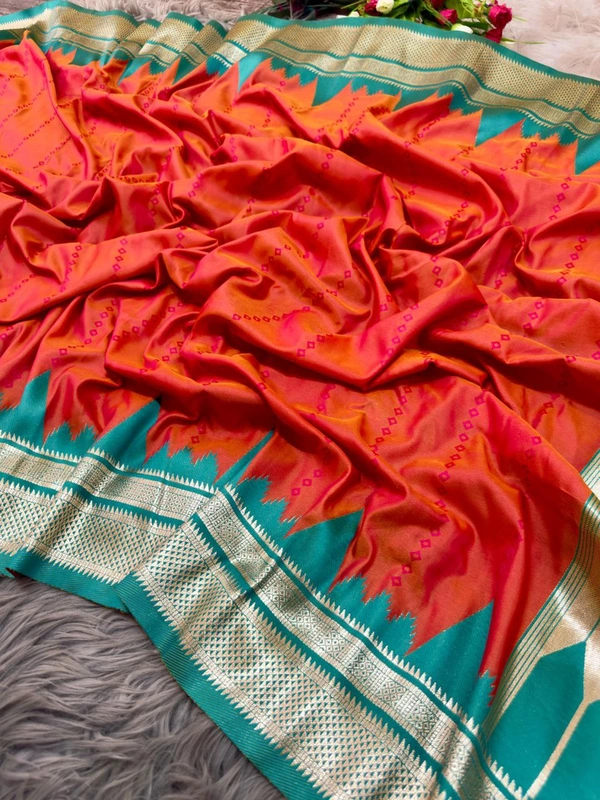 PAITHANI_HOUSE14 "Ikkat Banarasi Silk Saree | Self Weave Body & Temple Border | Shimmering Gold Zari" - FREE, Orange