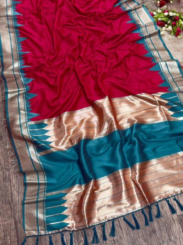 PAITHANI_HOUSE15 "Ikkat Banarasi Silk Saree | Self Weave Body & Temple Border | Shimmering Gold Zari" - FREE, Rani