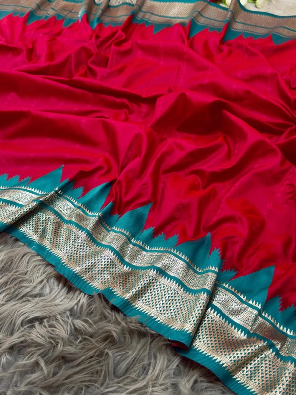 PAITHANI_HOUSE15 "Ikkat Banarasi Silk Saree | Self Weave Body & Temple Border | Shimmering Gold Zari" - FREE, Rani