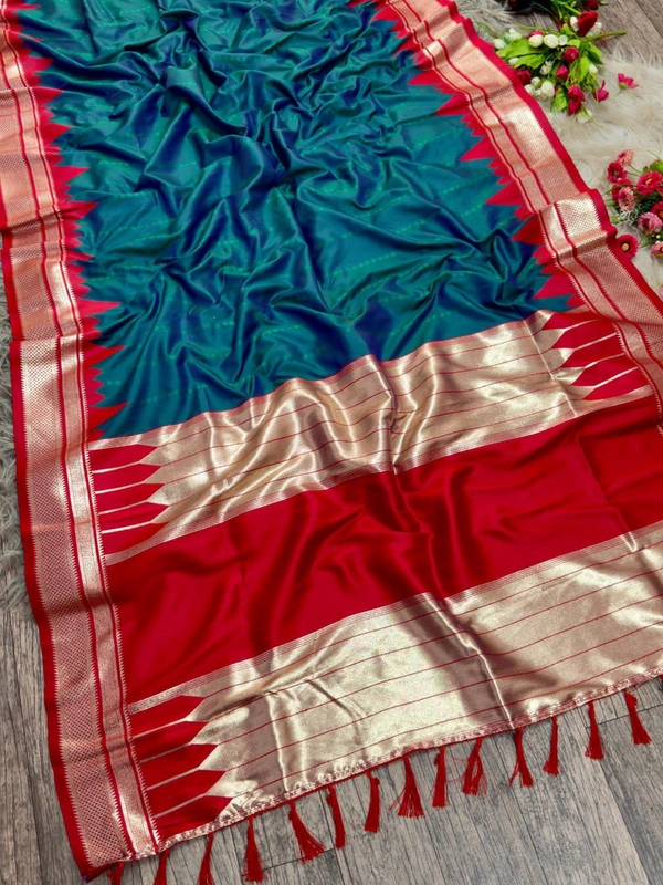 PAITHANI_HOUSE16 "Ikkat Banarasi Silk Saree | Self Weave Body & Temple Border | Shimmering Gold Zari" - FREE, Bottle Green