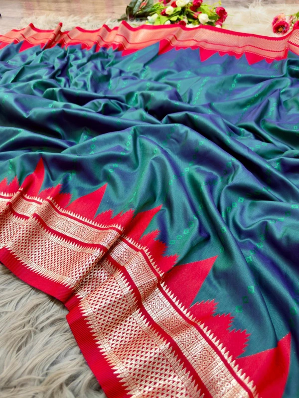 PAITHANI_HOUSE16 "Ikkat Banarasi Silk Saree | Self Weave Body & Temple Border | Shimmering Gold Zari" - FREE, Bottle Green