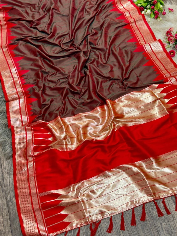 PAITHANI_HOUSE17 "Ikkat Banarasi Silk Saree | Self Weave Body & Temple Border | Shimmering Gold Zari" - FREE, Coffee