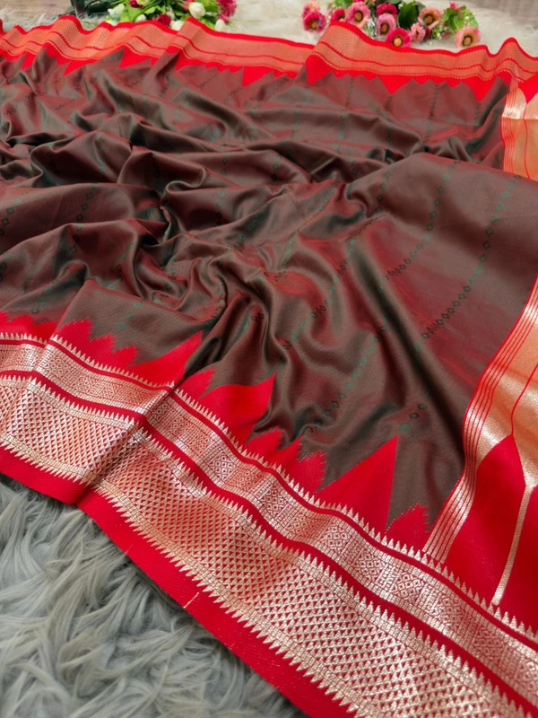 PAITHANI_HOUSE17 "Ikkat Banarasi Silk Saree | Self Weave Body & Temple Border | Shimmering Gold Zari" - FREE, Coffee