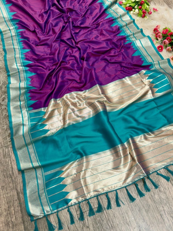 PAITHANI_HOUSE18 "Ikkat Banarasi Silk Saree | Self Weave Body & Temple Border | Shimmering Gold Zari" - FREE, Purple