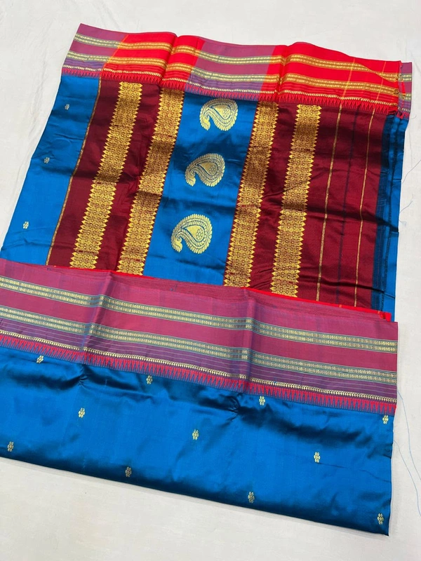 Intricate Paisley Motif Handloom Narayanpeth Silk Saree - Free, Firozi Blue