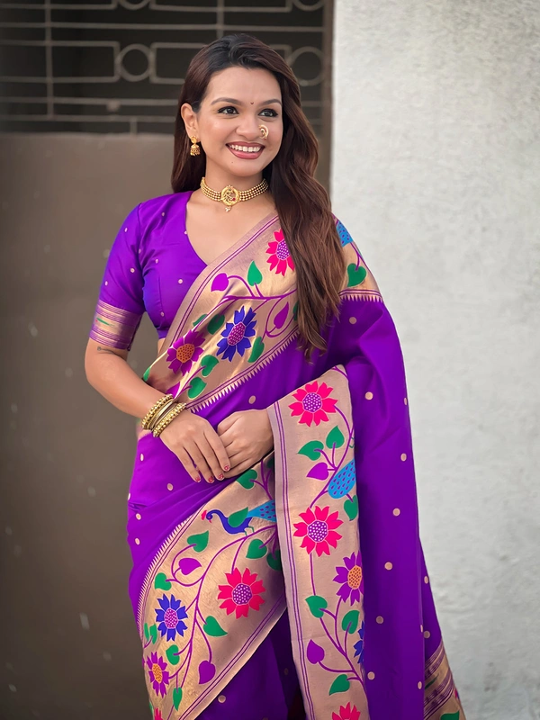 ISHWARI Original Paithani Silk Saree with 9-Inch Big Peacock Border and Meenakari Pallu - FREE, PURPLE-1