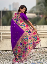 ISHWARI Original Paithani Silk Saree with 9-Inch Big Peacock Border and Meenakari Pallu - FREE, PURPLE-1