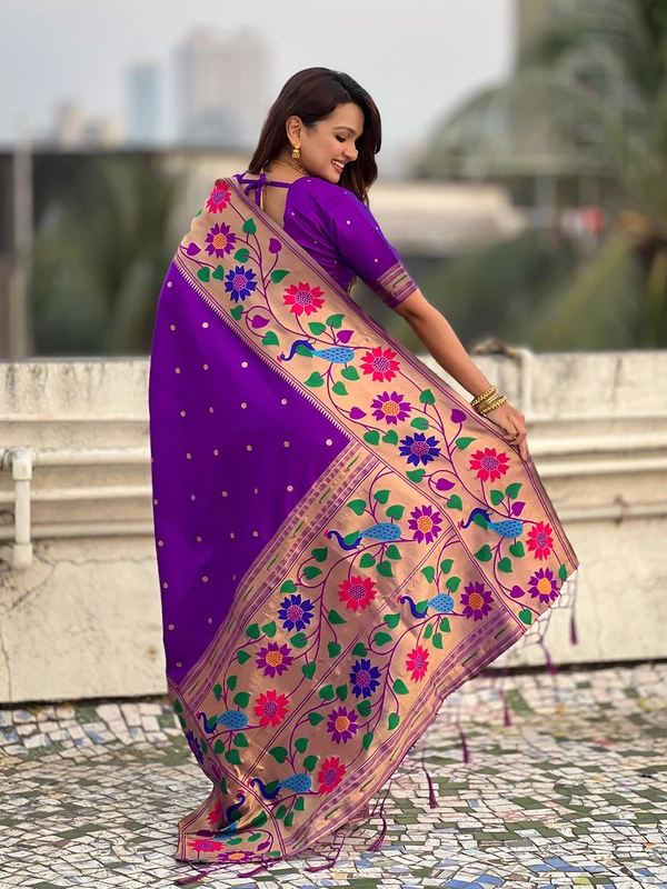 ISHWARI Original Paithani Silk Saree with 9-Inch Big Peacock Border and Meenakari Pallu - FREE, PURPLE-1
