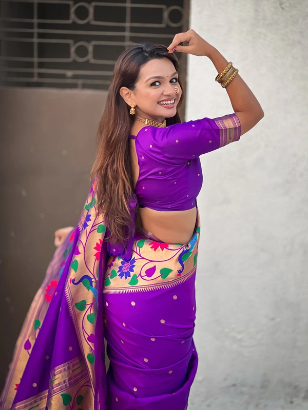 ISHWARI Original Paithani Silk Saree with 9-Inch Big Peacock Border and Meenakari Pallu - FREE, PURPLE-1