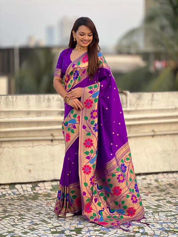 ISHWARI Original Paithani Silk Saree with 9-Inch Big Peacock Border and Meenakari Pallu - FREE, PURPLE-1