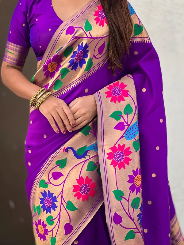 ISHWARI Original Paithani Silk Saree with 9-Inch Big Peacock Border and Meenakari Pallu - FREE, PURPLE-1