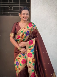 ISHWARI Original Paithani Silk Saree with 9-Inch Big Peacock Border and Meenakari Pallu - FREE, COFFEE