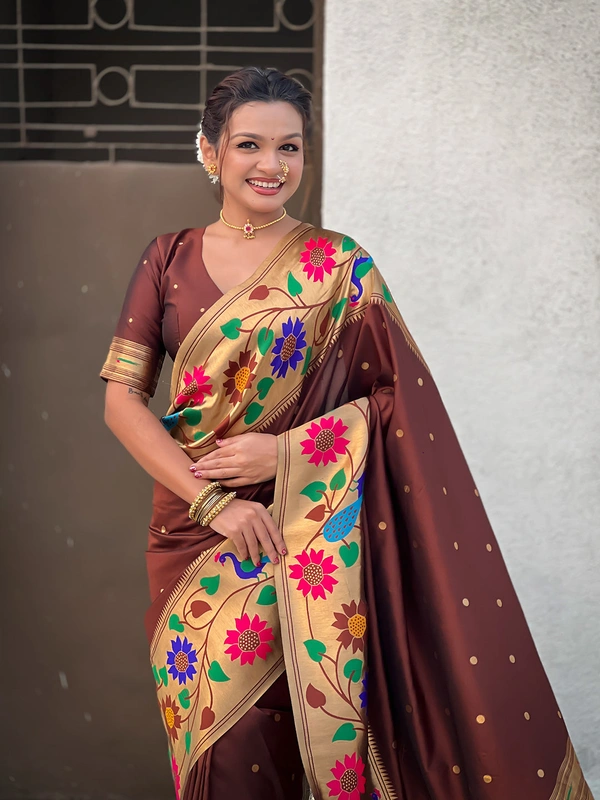 ISHWARI Original Paithani Silk Saree with 9-Inch Big Peacock Border and Meenakari Pallu - FREE, COFFEE