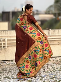 ISHWARI Original Paithani Silk Saree with 9-Inch Big Peacock Border and Meenakari Pallu - FREE, COFFEE