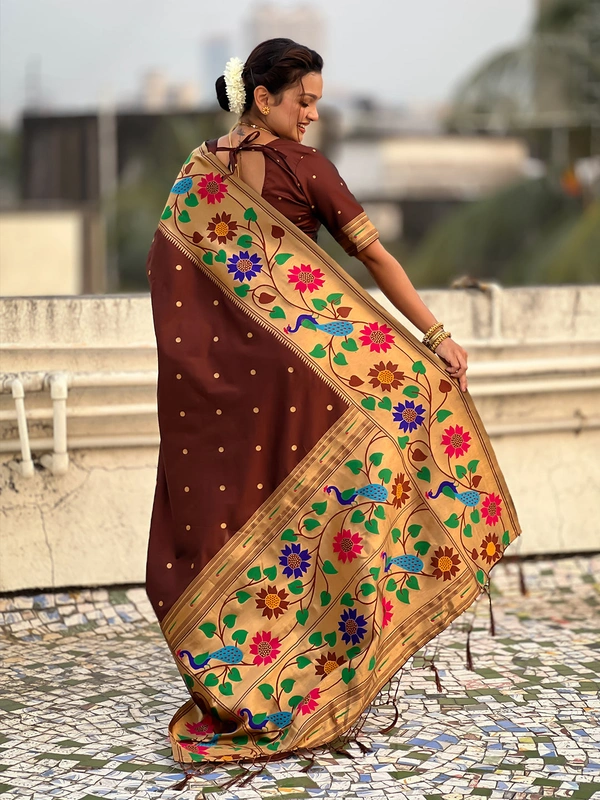 ISHWARI Original Paithani Silk Saree with 9-Inch Big Peacock Border and Meenakari Pallu - FREE, COFFEE