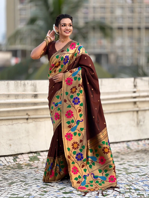 ISHWARI Original Paithani Silk Saree with 9-Inch Big Peacock Border and Meenakari Pallu - FREE, COFFEE