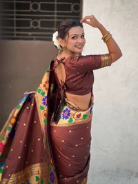 ISHWARI Original Paithani Silk Saree with 9-Inch Big Peacock Border and Meenakari Pallu - FREE, COFFEE
