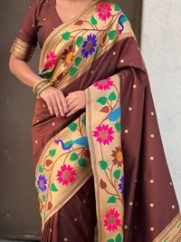 ISHWARI Original Paithani Silk Saree with 9-Inch Big Peacock Border and Meenakari Pallu - FREE, COFFEE